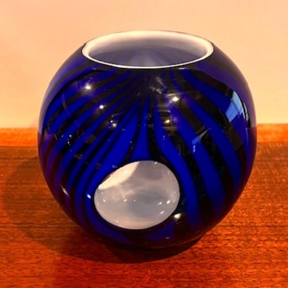 Murano Style Cobalt Blue and Black Stripe Blown Glass Bowl Vase Peekaboo Cutouts